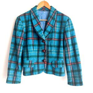 Vintage 90s Sisley Blue Plaid Cropped Leather Button Wool Blend Blazer S